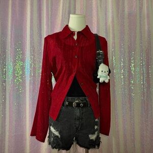 sheer textured red button up dress shirt